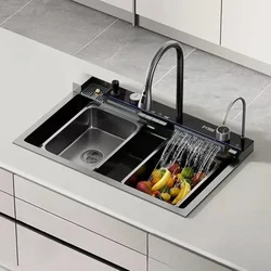 Large Single Slot Kitchen Sink with Integrated Digital Display Faucet Stainless Steel Multifunction Waterfall Rain Sink Set