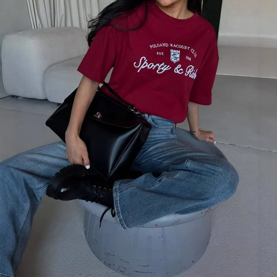 

Американская базовая футболка с короткими рукавами для женщин в летнем стиле, универсальная и ленивая, с вышитыми буквами, футболка контрастного цвета