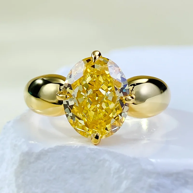 S925 sterling silver new imported high carbon diamond 8 * 10mm ice flower cut yellow diamond European and American style ring