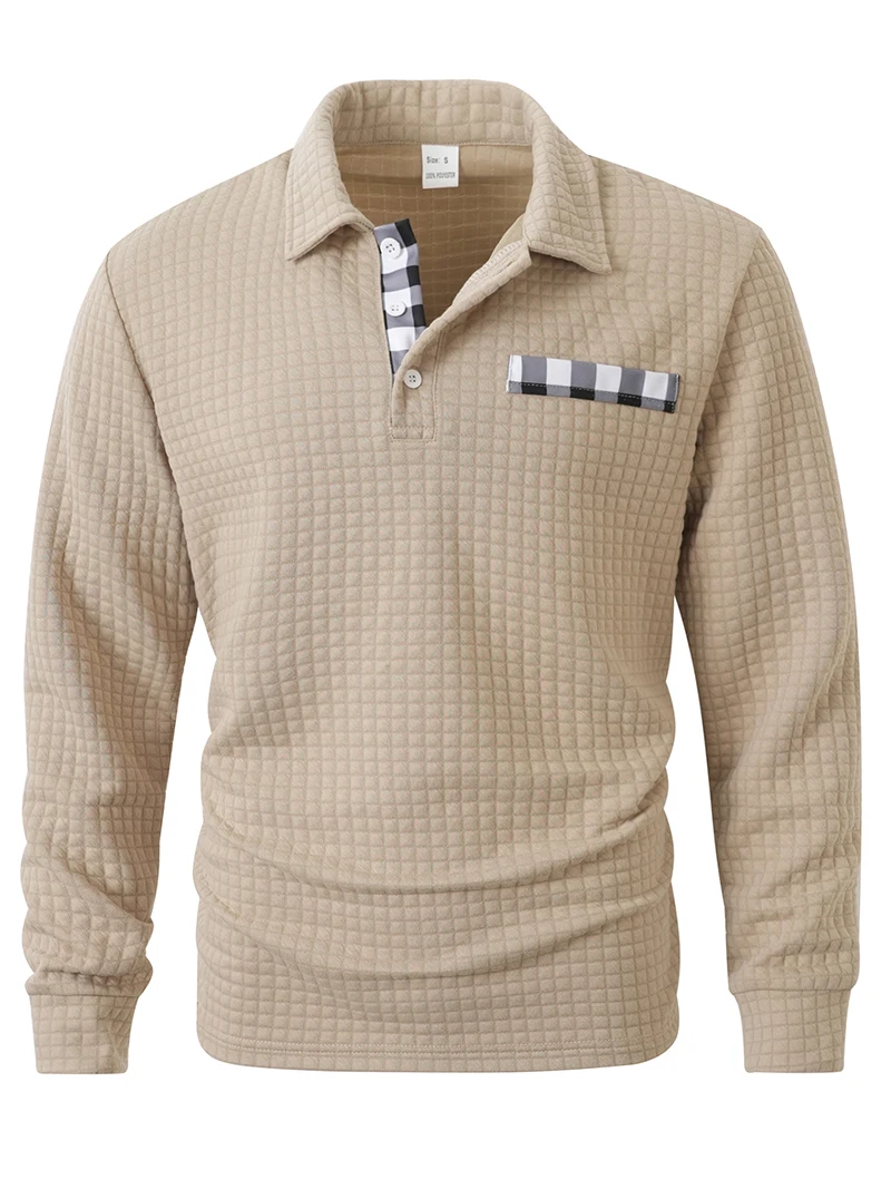 Herren Waffelstrick Langarm-Poloshirt mit Revers und Halbknopfleiste, Regular Fit, Frühling Herbst Business Casual Atmungsaktive Weiche Oberteile – Detail 7