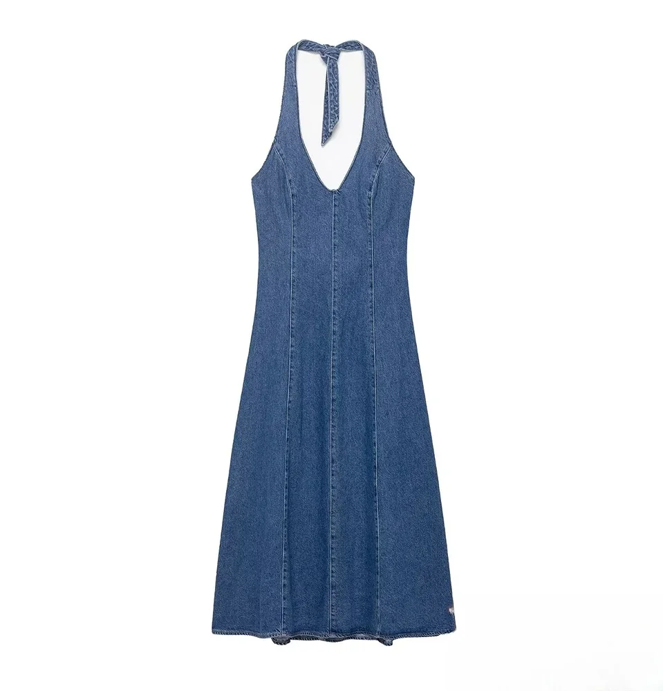 

KONDALA осеннее женское сексуальное джинсовое платье с бретелькой на шее, тонкое длинное платье с v-образным вырезом, весна-осень 2024, модное вечерние элегантное шикарное женское джинсовое платье