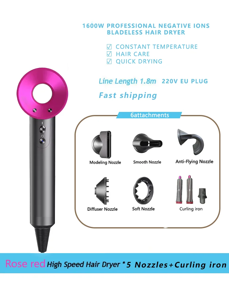 LISN New Professional High-speed Hair Dryer Negative Ion Hair Care 110000 Rpm European Plug 62m/s Wind Speed 1600W Quick Drying