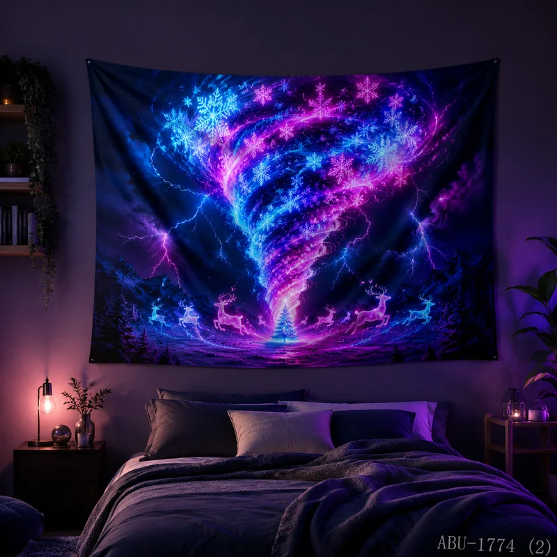 VIKAMA Neon Purple Blue Snowflake Tornado Reindeer Herd Lightning Tree Snowy Mountain Star Christmas Tapestry Wall Hanging Soft