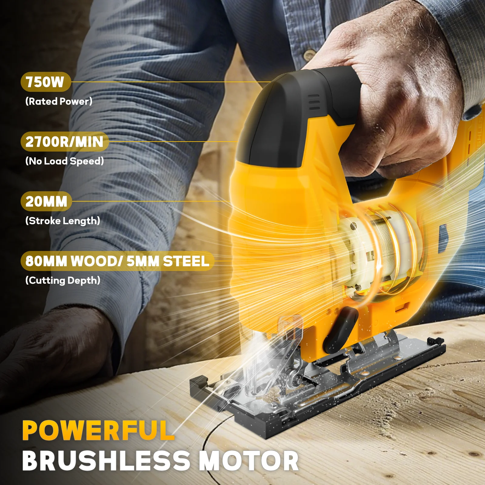 Sierra de calar sin escobillas 750W 2700RPM Sierra de calar inalámbrica 0 ° - 45 °   Cortes cónicos con 4 configuraciones orbital y 7 velocidades para batería Dewalt de 20 V