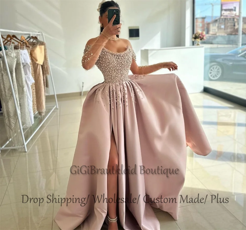 GiGiBraut Trendy A-line Occasion Dresses For Women Satin Slit Pleated Beads Scoop Neck Prom Gowns Robes De Soiree Customised