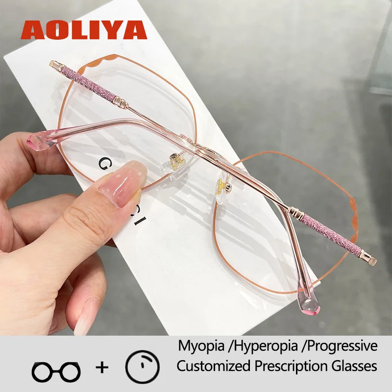 

AOLIYA Women Luxury Rimless Eyewear Optical Prescription Eyeglasses Ultra Light Alloy Myopia Hyperopia Progressive Astigmatism