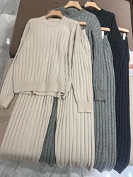 Autumn Winter B*C Cashmere Knitted Suit Vertical Pit Stripes Slim Sweater + Elastic Waist Trousers Casual Pants Two-piece Set