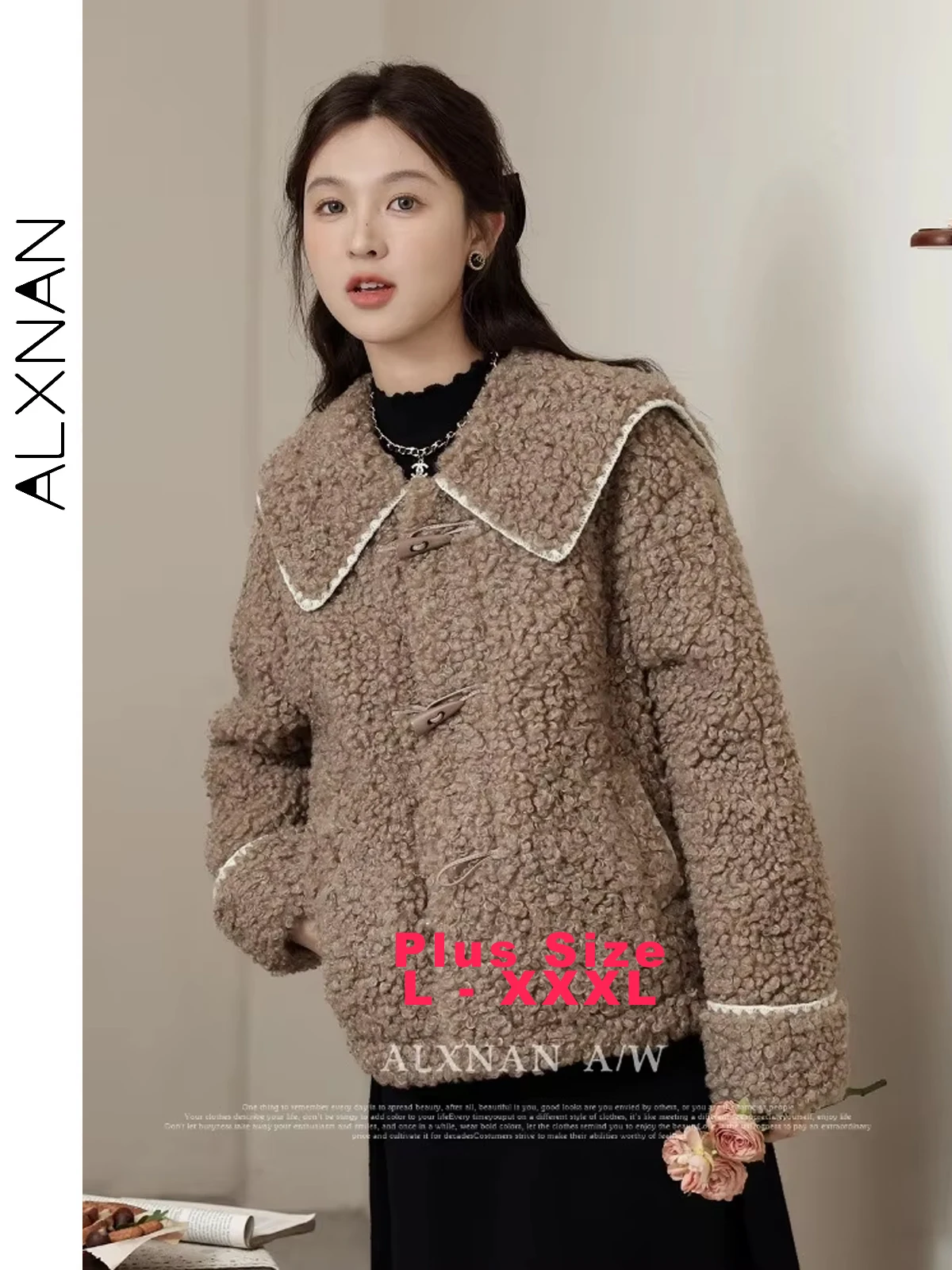 

ALXNAN Plus Size Dark Khaki Jacket Short Warm Cow Horn Button Lapel Coat Loose-fit Casual Long Sleeve Women's Outerwear DM00808