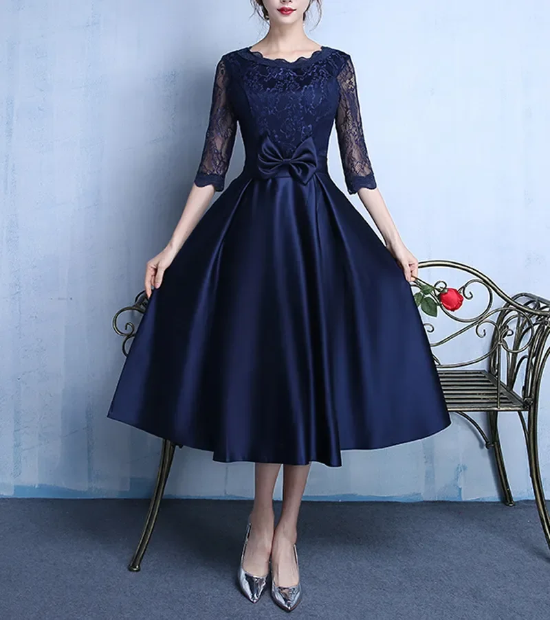 

Elegant Navy Mother of the Bride Dresses Satin with Lace Three Quarter Sleeves Zipper Back Tea Length Party Dress Hunter, Purple