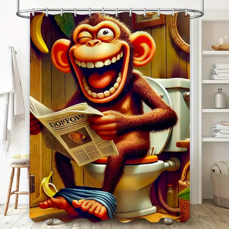 Comical Monkey Reading Toilet Paper Shower Curtain Bathroom Decor 3D Printed Waterproof Home Accessories for Kids' Bathrooms