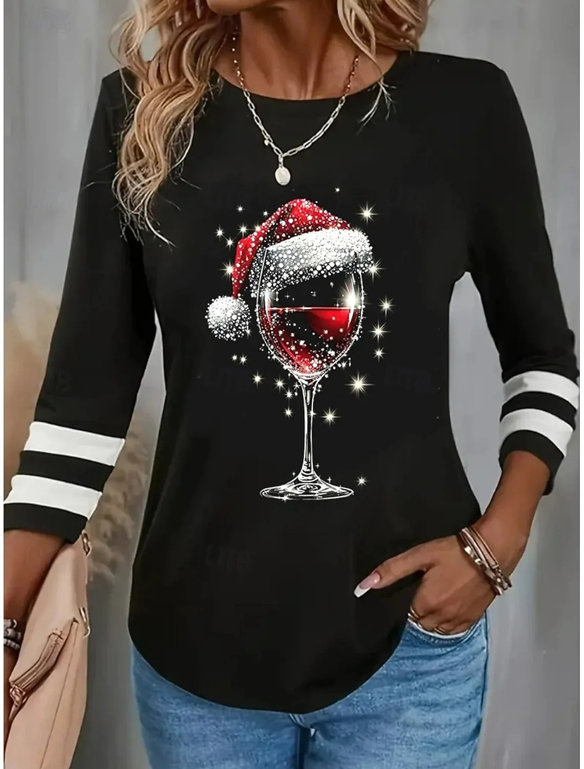 عيد الميلاد النبيذ الأحمر الزجاج 3D الطباعة المرأة طويلة الأكمام تي شيرت أزياء طاقم الرقبة اليومية مهرجان حزب عارضة الملابس النسائية #2