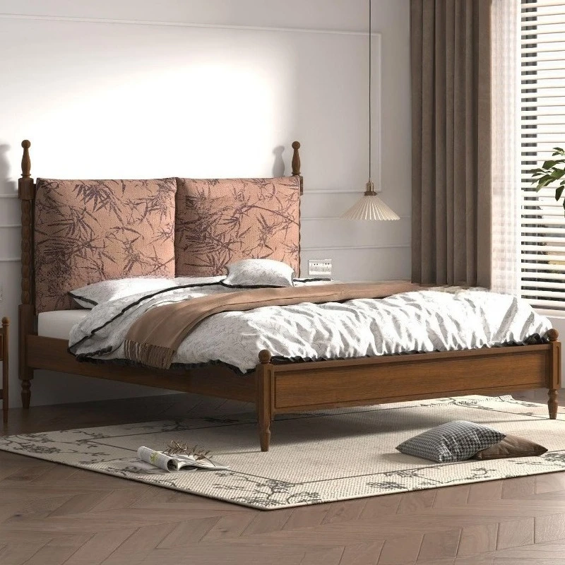Französisches Retro-Massivholzbett, Schlafzimmer-Doppelbett aus Roteiche, amerikanisches Softbett