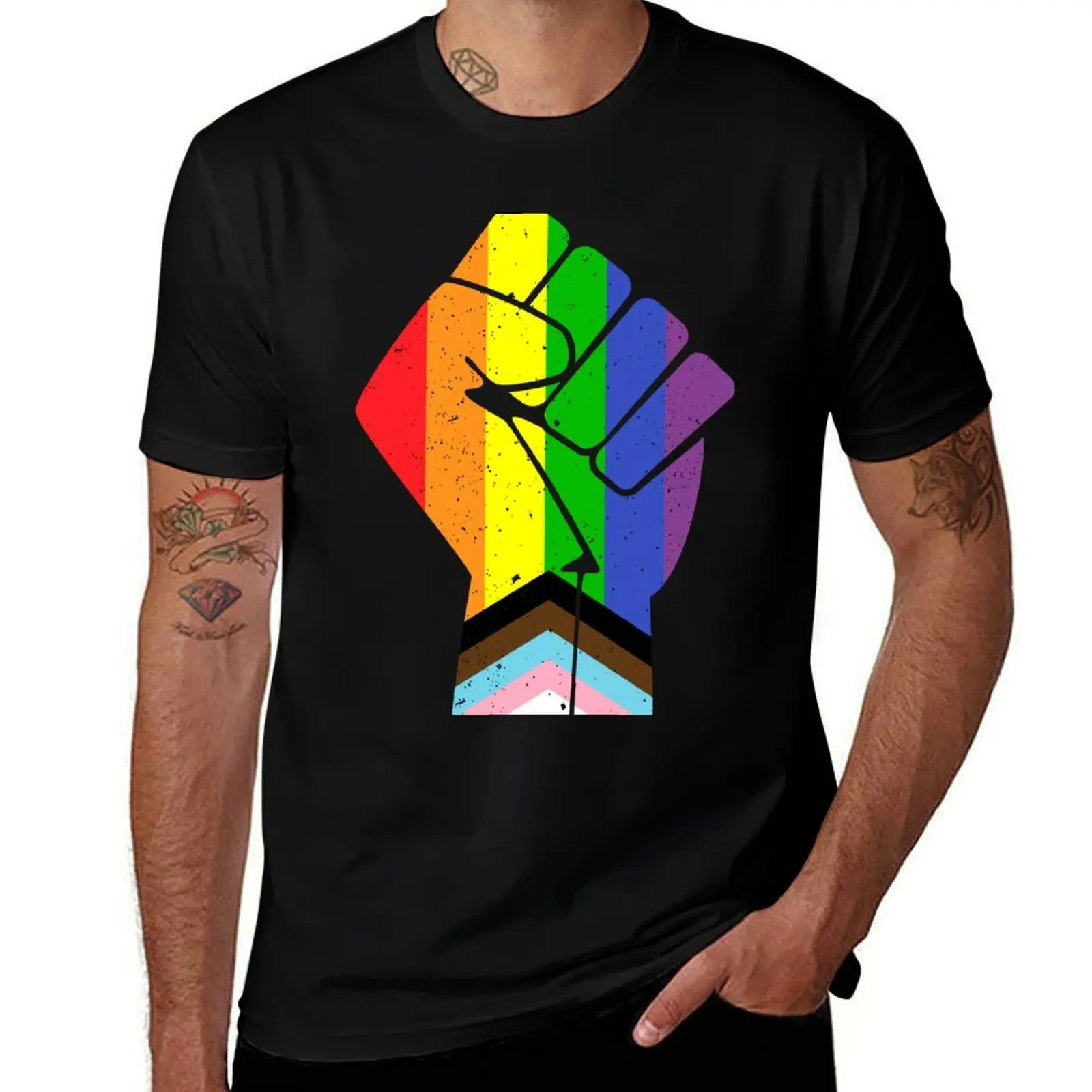 LGBT (Progress) Pride Flag with raised fist T-Shirt Summer Print Short Sleeve Tee T-Shirt