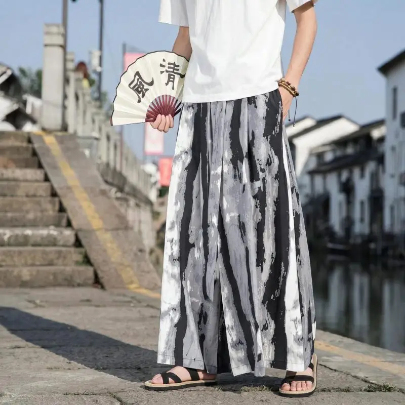 Men's New Chinese Style Ink Wash Bamboo Print Wide Leg Pants Summer Loose Fit Draped Fabric Casual Kimono Trousers for Men view 3