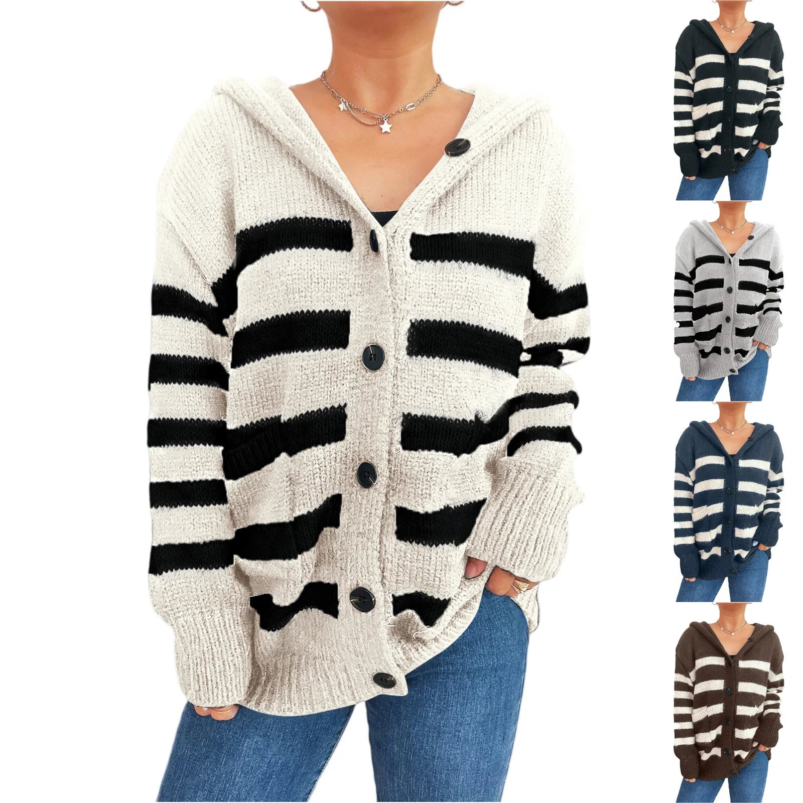 

Classic Fashionable Casual Loose Fitting Plus Large Cap Knitted Sweater for Girls Single Breasted High Street Cardigan Coat