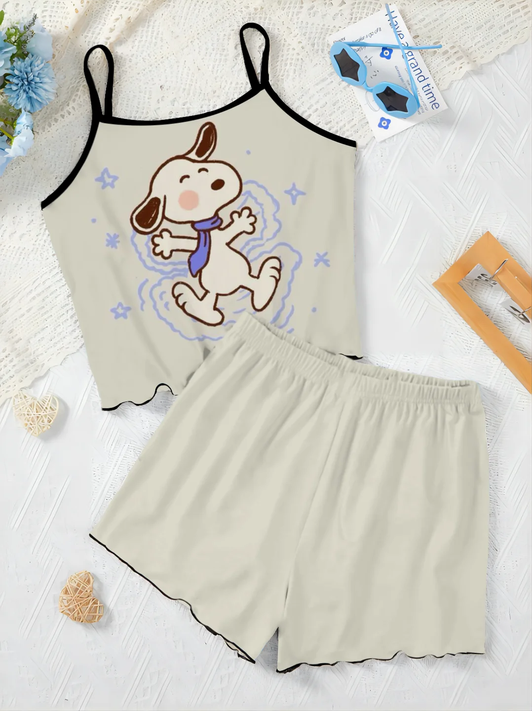 Top Set Frau 2 Stück schicke und elegante Hosen Sets Salat Trim Slip Kleid T-Shirt Pyjama Rock Damen anzug snoopy kurzen Luxus