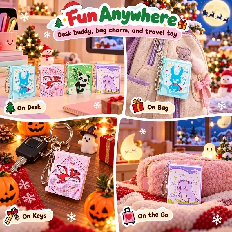 Flip Book Design Tetris Game Console, Mini Handheld Electronic Unit with Keychain Accessory