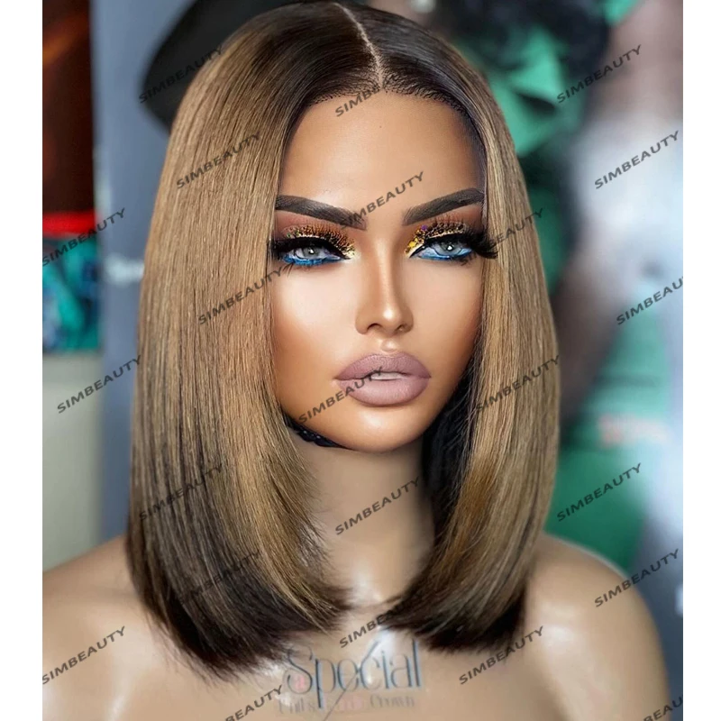 

Brazilian Short Bob Ombre Honey Brown Human Hair 13x6 Lace Front Wigs for Women Glueless 180Density 12Inches 5x5 HD Lace Wigs