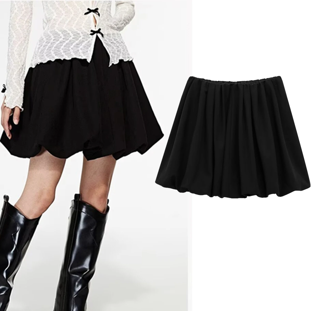 Jenny&Dave 2025 Spring Minimalist Women's Fashion Mini Skirt Women French Elegant Pleated Flower Bud Skirts Lantern Skirt Ladies