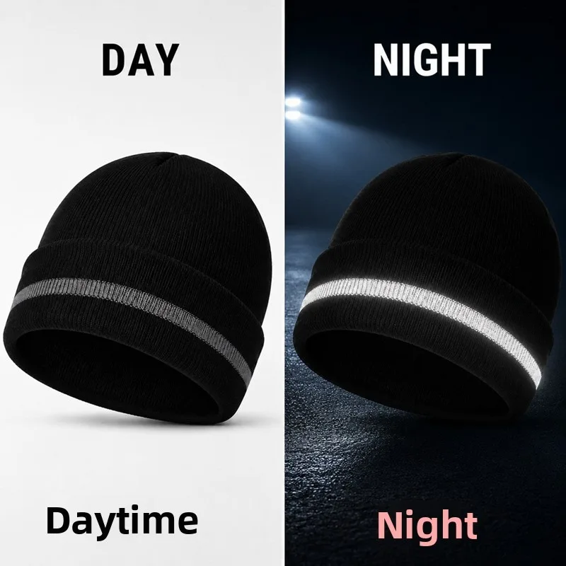 Autumn Winter Crimped Hat Fluorescent Reflective Strip Knitted Hat Warm Wool Hat Fashion Women Men Unisex Outdoor Night Safety
