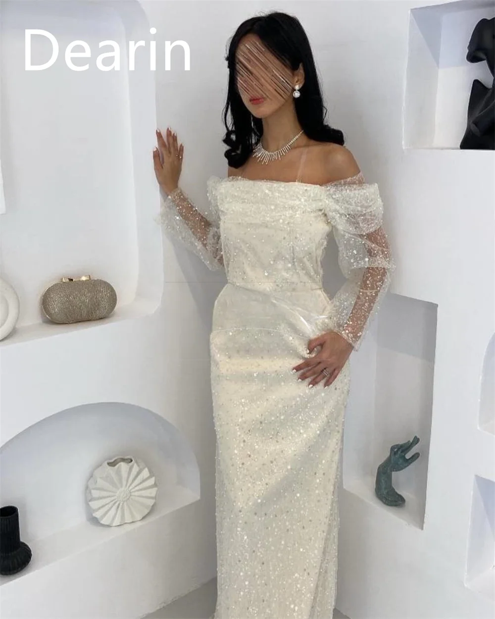 Gaun malam disesuaikan Dearin Off-the-shoulder kolom panjang rok Tulle Bespoke gaun acara Prom Arab Saudi bentuk