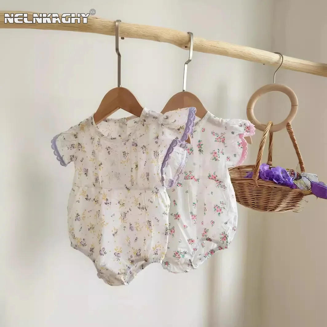 2024 Summer Infant Baby Girls Birthday Clothing - Kids Fly Sleeve Floral Pure Cotton Bodysuits , Newborn Toddler Jumpsuits 0-3Y