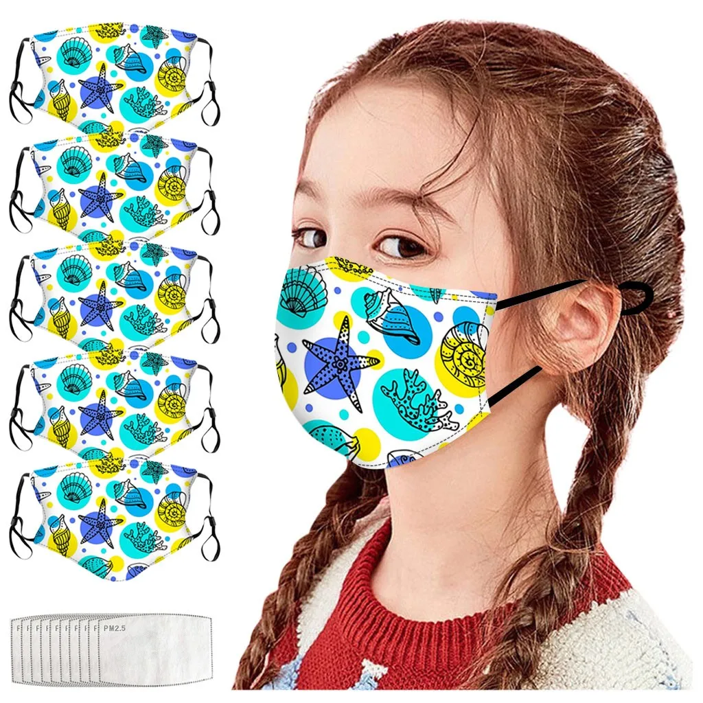 5Pc Masker + 10Pc Filter Kinderen Cartoon Zeevis Print Buiten Beschermend Herbruikbaar Masker Kindvriendelijk Ademend Comfort Masker