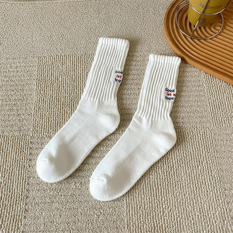 Vintage Japanese Men\'s Medium Tube Socks Cotton Letter Thickened Casual Socks Towel Bottom Couple Socks Knitted Sports Socks