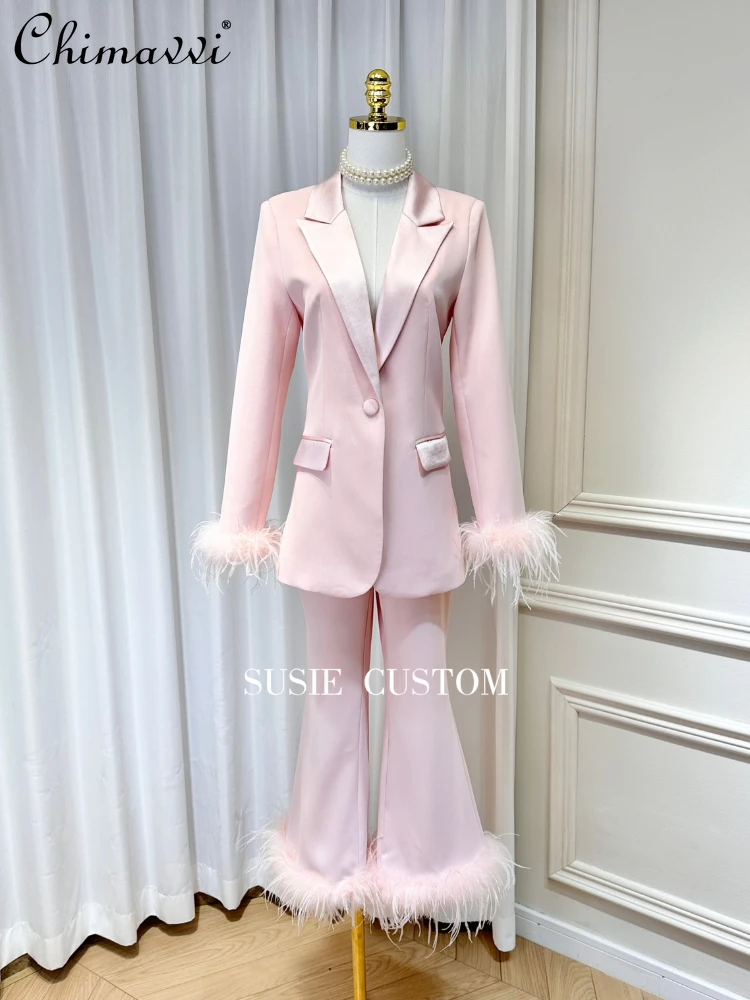 Fashion Satin Lapel Long Sleeve Feather Coats High Waist Slim Fit Bell-Bottom Pants Spring Autumn Elegant Ladies Two-Piece Set