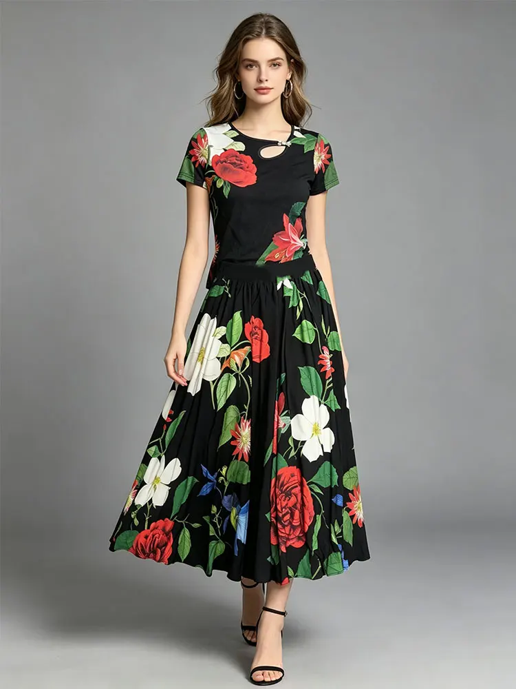 

Retro summer new two-piece T-shirt with hollow short sleeves and flower print elastic waist A-shaped skirt fashion women's suit