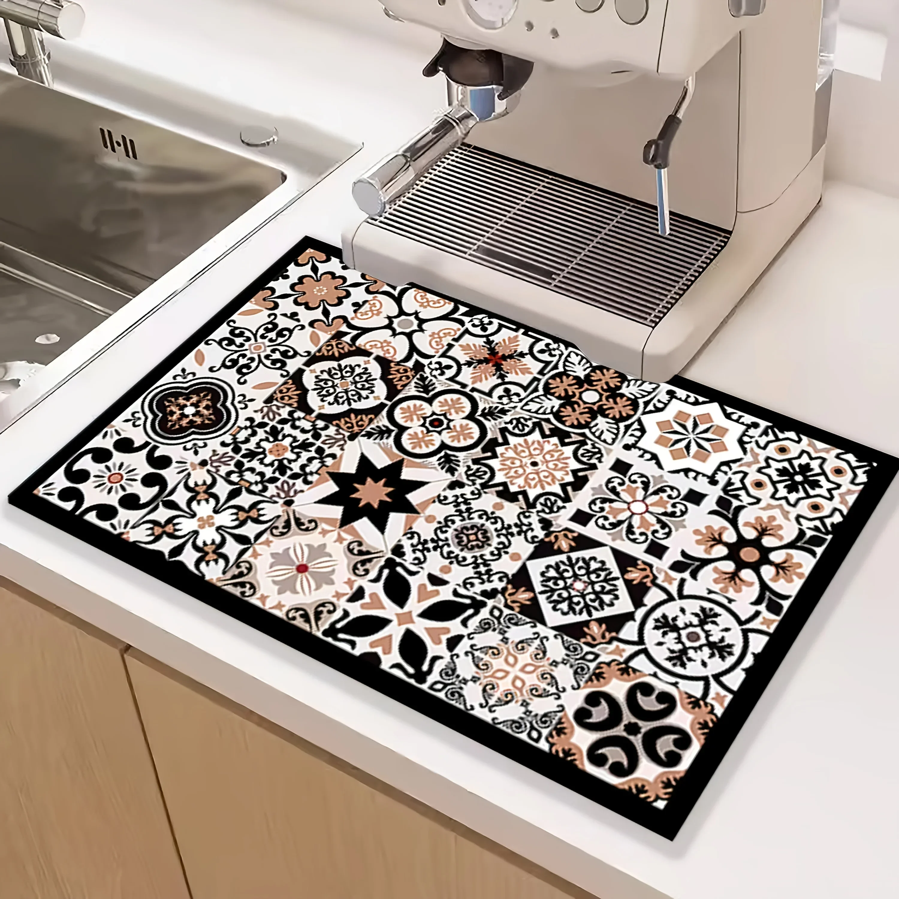 Vintage Moroccan Tile Print Absorbent Dish Drying Mat Non Slip Washable 2D Kitchen Counter Pad For Sink Home Decor