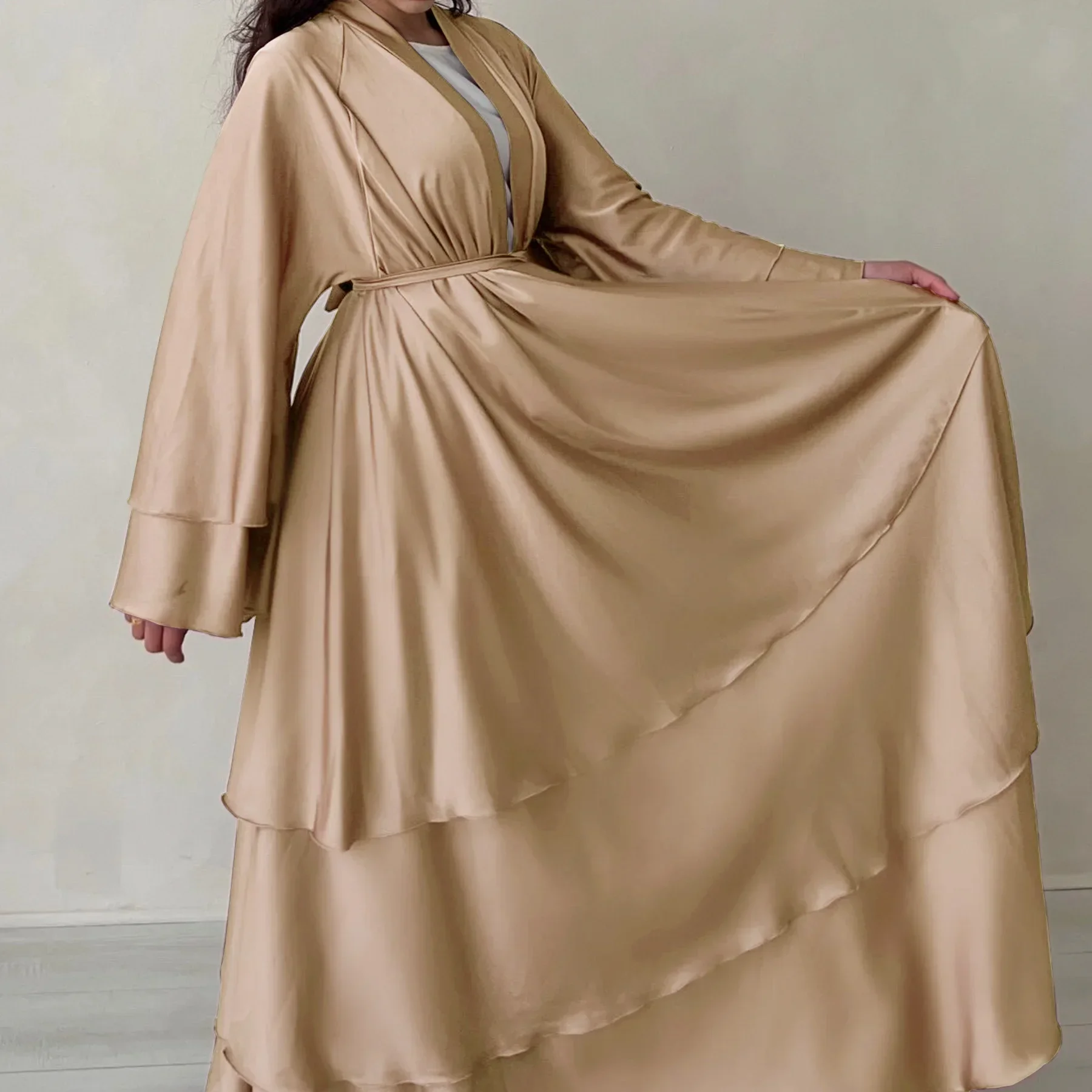 Nuevo Kimono Abaya abierto de satén Abayas lisas para mujer Dubai lujo Turquía musulmán Hijab vestido Kaftan bata Ramadán ropa islámica