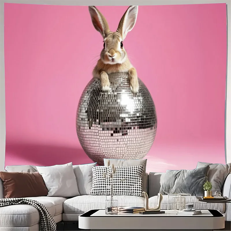 Aesthetic Pink Wall Tapestry Bunny Rabbit Disco Ball Glitter Home Decor Print Pop Art Nursery Decor Hanging Poster for Bedroom L