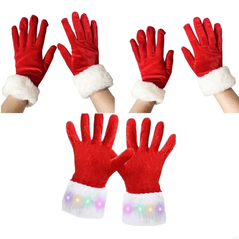 L5YC Adult Santa Gloves Full Finger Mitten Stretchy Gloves with LED White Cuffs Decor