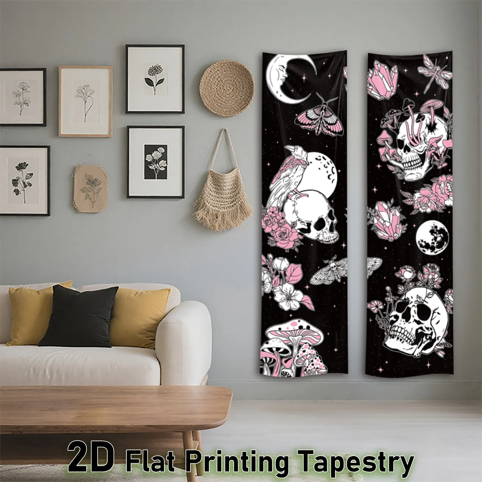 Set Vertical Banner Tapestry, 2D Flat Print Black Pink Skull Moon Flower Butterfly Moth Crystal Long Narrow Wall Hanging, Polyes