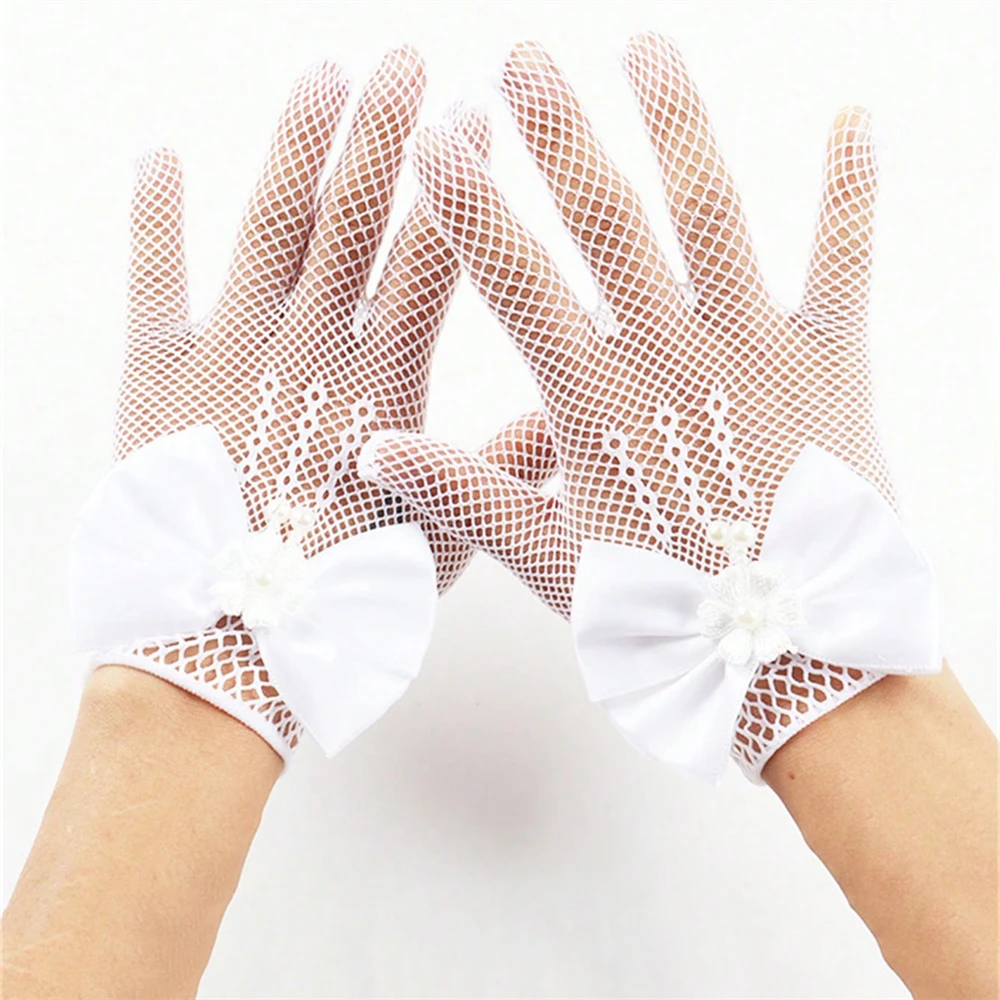 

Пара белых свадебных перчаток принцессы для девочек, сетчатые праздничные аксессуары с бантом, перчатки для выступлений на день рождения