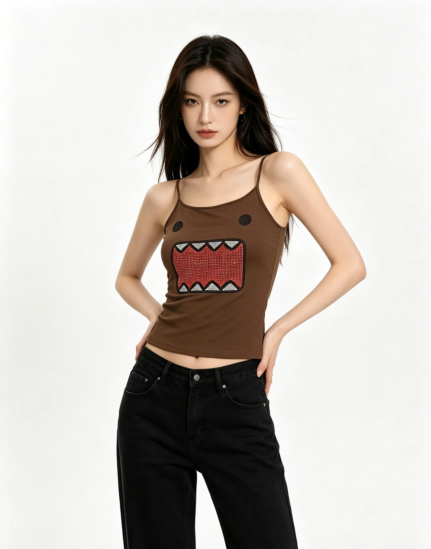 Rhinestone Cartoon Monster Mouth Cami Top Slim Fit Y2K Sling Tank Top Women Casual Party Sleeveless Blouse