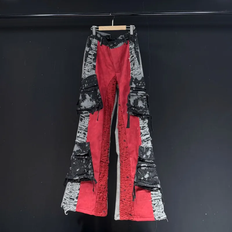 

WVGA Spring Autumn New Man Tide High Street Patchwork Trendy Design Punk Niche Chic Casual PU Leather Straight Pants Ins W12852