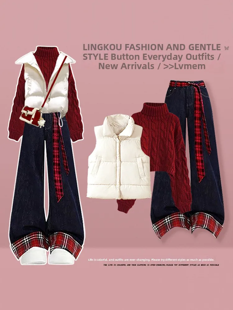 

Большой размер, осенне-зимний повседневный вязаный свитер и джинсы, комплект футболок для женщин, красный хлопковый жилет на тему Cisas