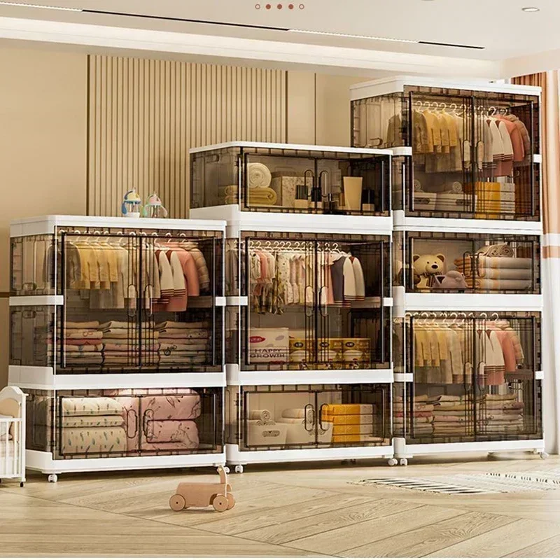 %Large Folding Organizer Wardrobe Storage Closet Child Bedroom Folding Cabinet Transparent Locker Bin With Wheels Furniture