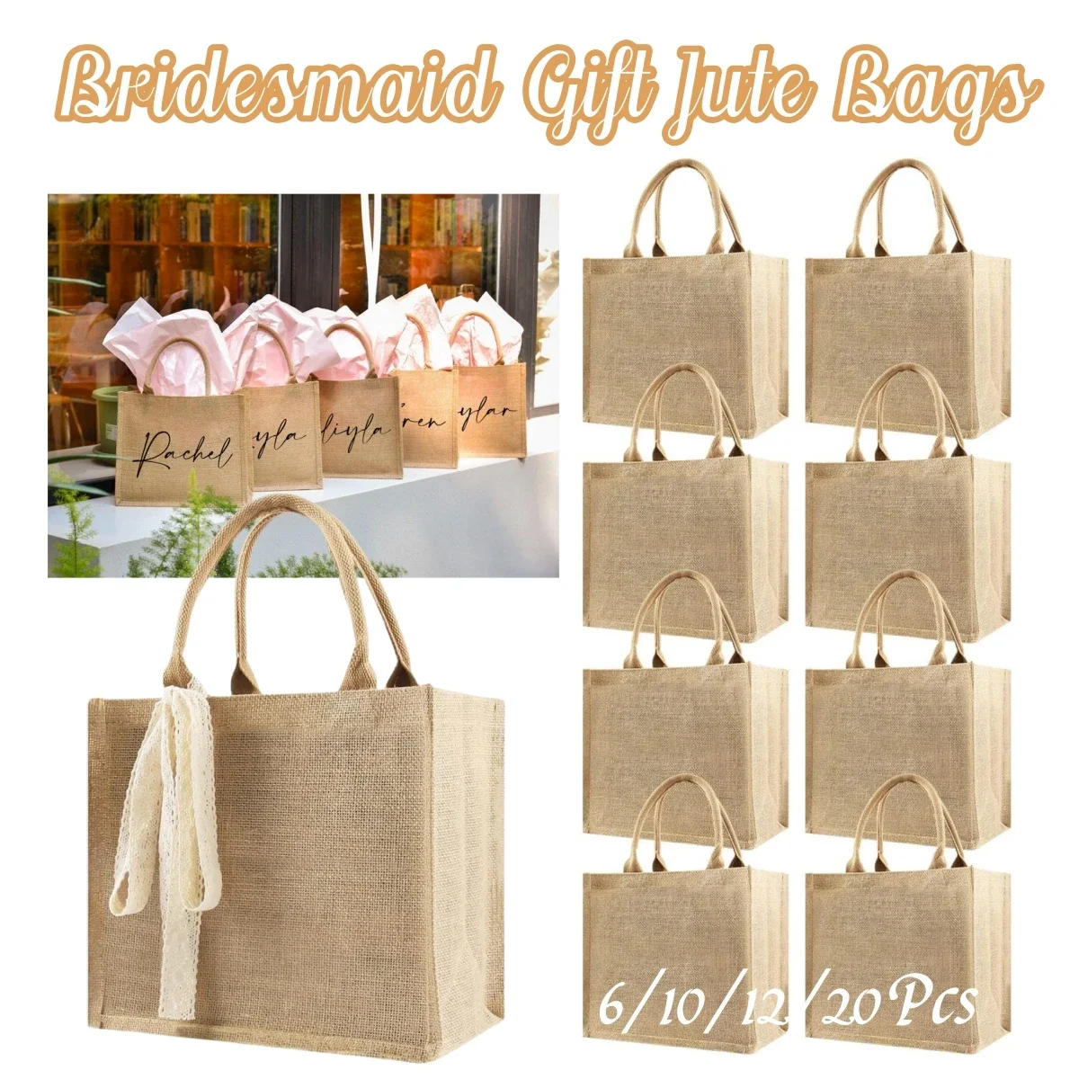 6-20Pcs Burlap Tote Bags DIY Jute Bags with Handles Blank Jute Tote Bridesmaid Gift Bags for Wedding Bachelorette Beach Party