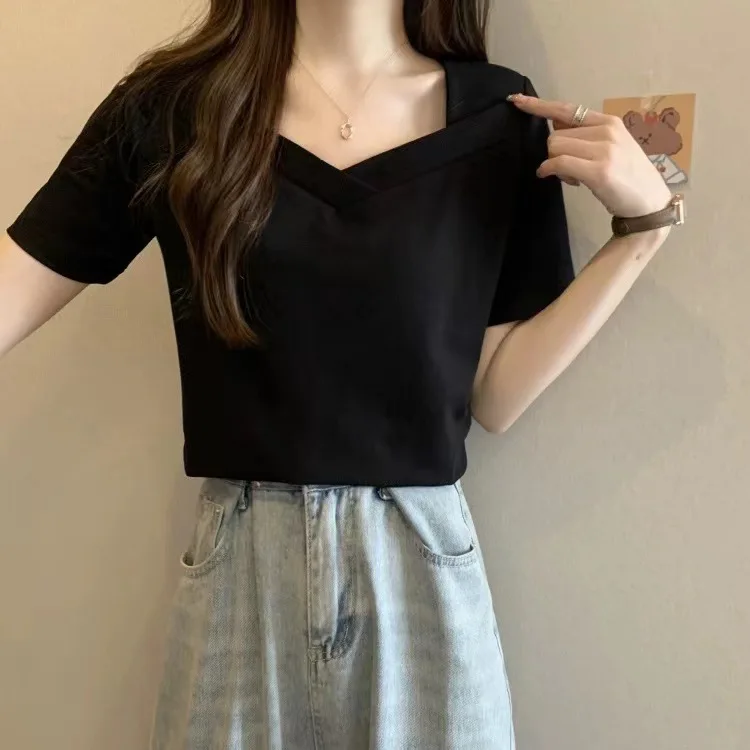 V-neck Loose Casual T-shirt Women Slim Kpop Y2K Tee Shirt Femme Sexy Vintage Summer Tshirts Woman Black Casual Clothes Tops image 5