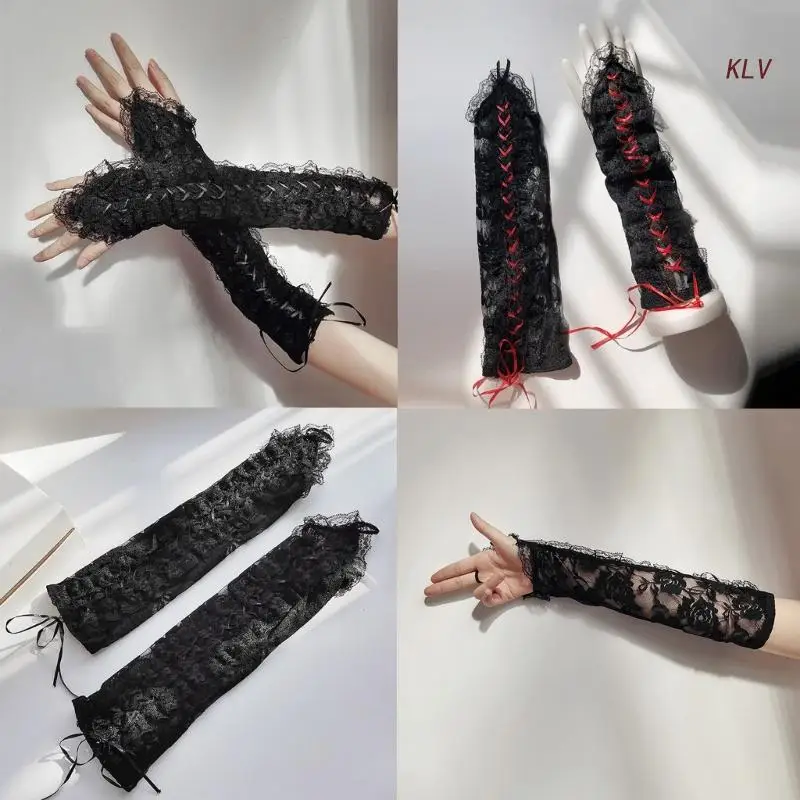 

Sexy Elastic Gloves with Bandage Rope Bungee Stage Performances Floral Lace Steampunk Gothic Hiphop Women Gloves 6XDA