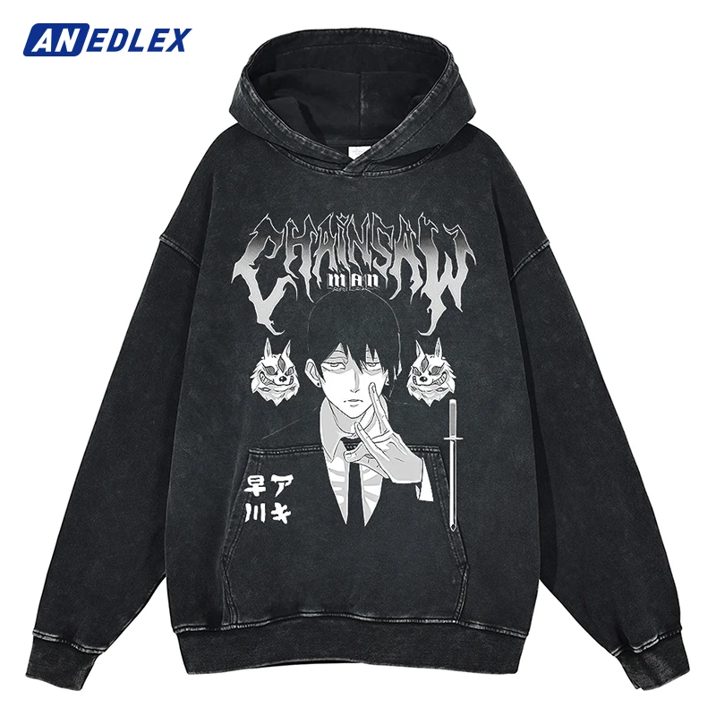 

Men Autumn Washed Black Hoodie Sweatshirt Anime Graphic Print Hooded Pullover Hip Hop Streetwear Harajuku Cotton Vintage Hoodie