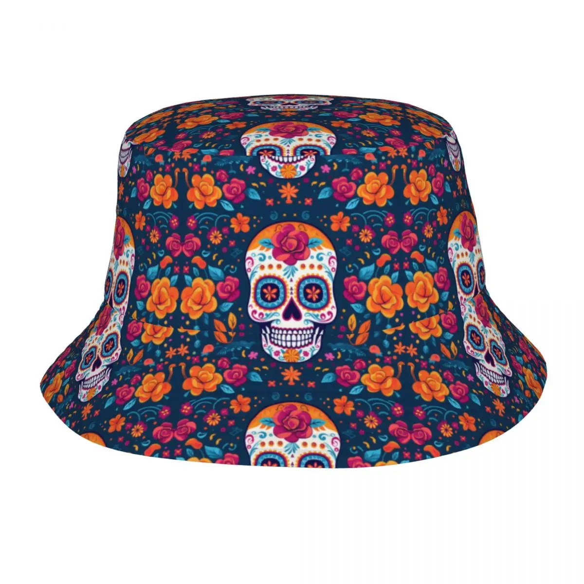 

Sugar Skull And Flowers Bucket Hat Bob Fisherman Cap Outdoor Travel Sun Visor Fashion Panama