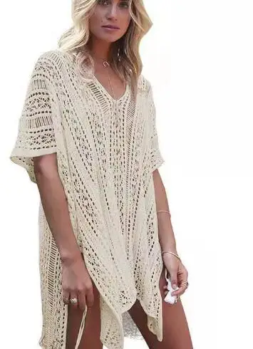 2024 Summer Women Beachwear Sexy White Crochet Tunic Beach Wrap Dress Woman Swimwear Swimsuit Cover-ups Bikini Cover Ups