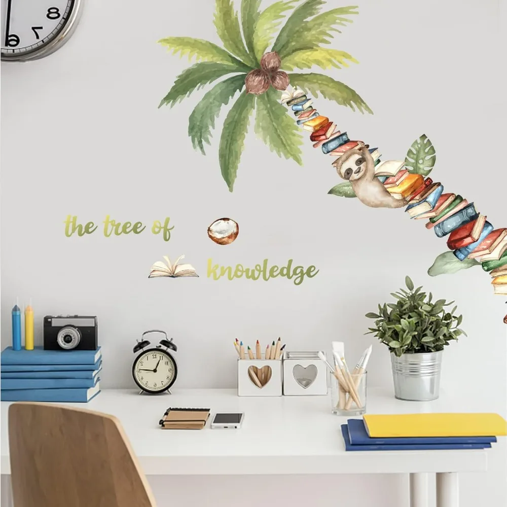 Coconut Book Tree Wall Decals The Tree of Knowledge Wall Sticker Cute Sloth Climbing on The Tree DIY Vinyl Mural Art Decor for