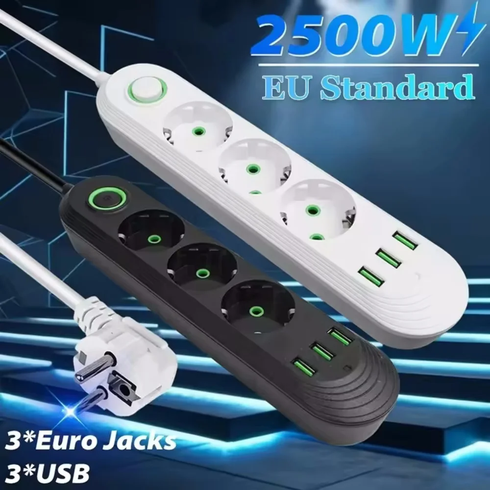 Enchufe europeo 2500W 2M Cable de extensión regleta Pin redondo toma de corriente CA adaptador de carga eléctrica puertos USB para el hogar toma de carga rápida