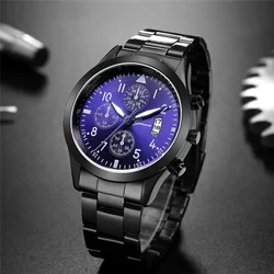 Geneva Watches Men Luxury Men Watches Black Stainless Steel Blue Face Quartz Watch Men Sports Watches reloj hombre horloge heren