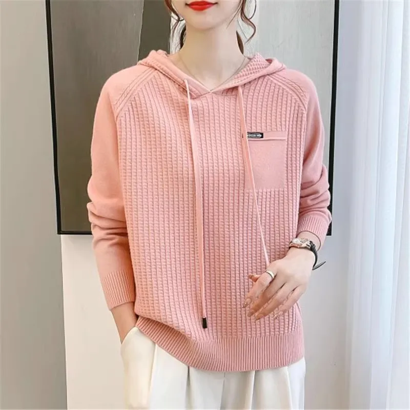 Knitted Hooded Sweaters For Women Autumn Solid Color Loose Knitting Pullovers Female Casual Hoodies Tops